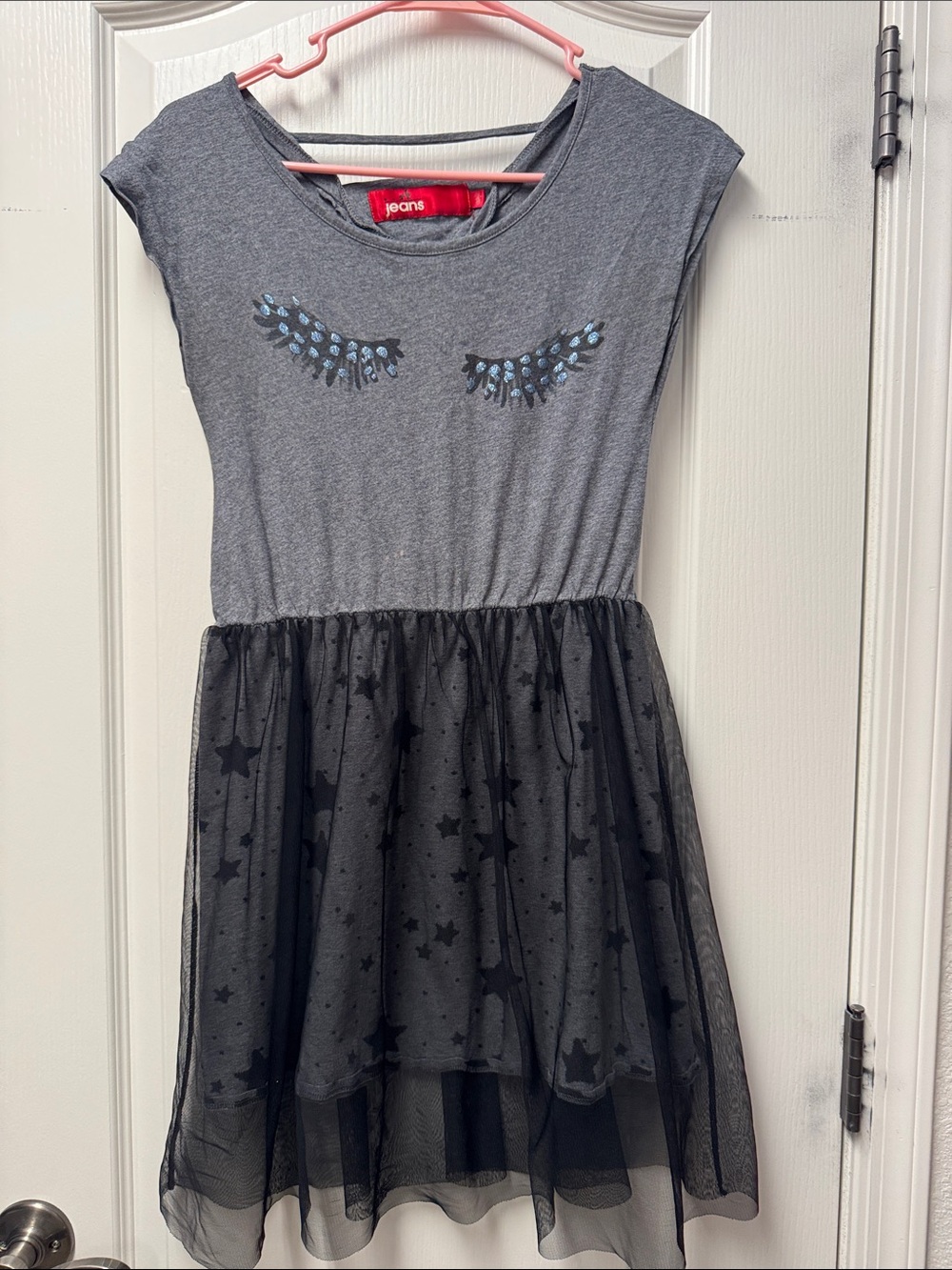 Girls' Gray Eye-Embellished Tulle Casual Dress